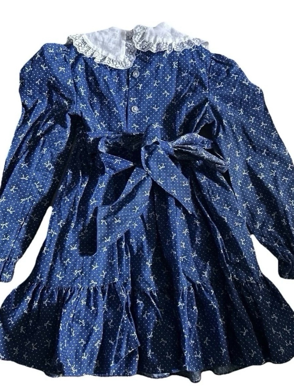Girls Vintage Polly Flinders Blue Smocked Dress With White Bows Size 5 - Picture 5 of 5